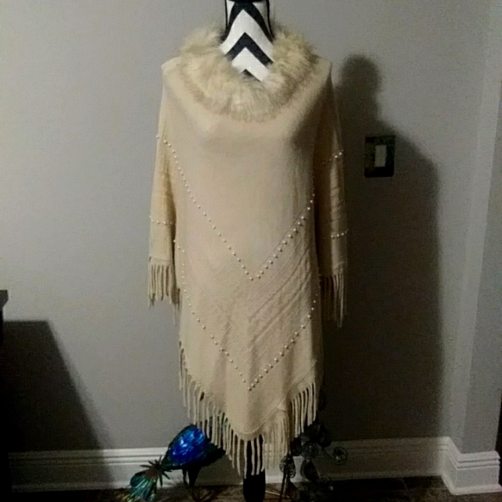Cream Bead Fur Poncho